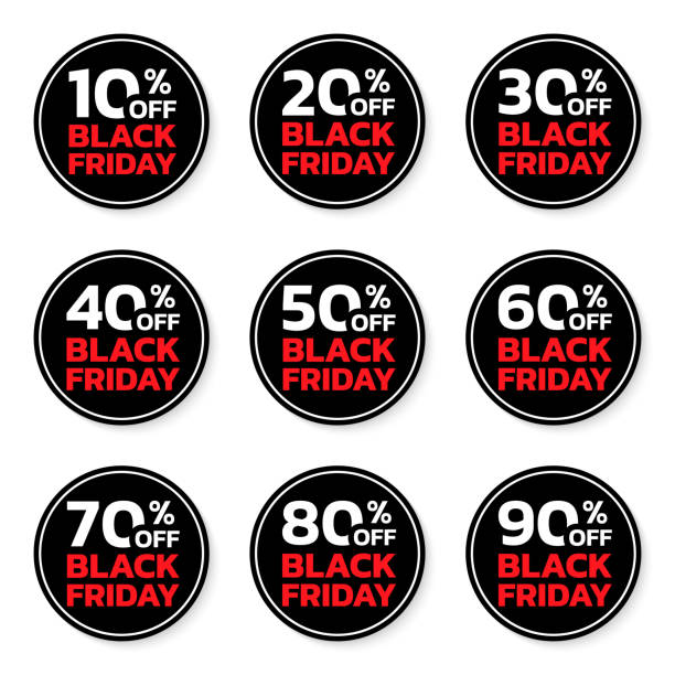 Black Friday sale label, icon or sticker set. 10, 20, 30, 40, 50, 60, 70, 80, 90 percent price off. Discount badge or tag design. Vector illustration. Black Friday sale label, icon or sticker set. 10, 20, 30, 40, 50, 60, 70, 80, 90 percent price off. Discount badge or tag design. Vector illustration. 40 off stock illustrations