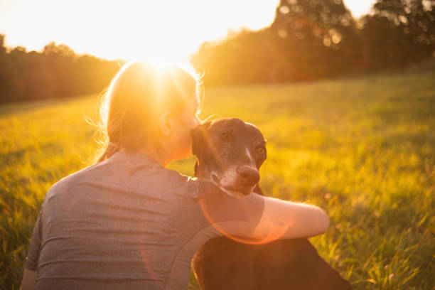 Young woman sitting on the grass and playing with her dog