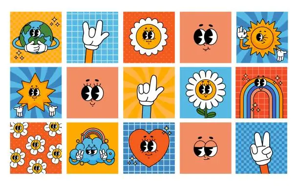 Vector illustration of Cartoon groovy cards. Vintage 70s comic characters on posters. Funny retro flower, daisy, heart, rainbow, hands and trendy elements. Psychedelic sticker vector set