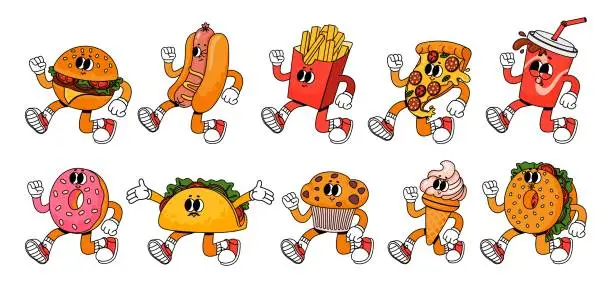 Vector illustration of Retro cartoon fast food. Vintage 60s food mascot characters. Groovy 70s stickers in trendy style. Comic soda, crazy burger, psychedelic hot dog, cute pizza face. Vector set