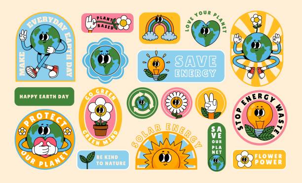 Cartoon retro Earth stickers. Save planet. Old style 70s funny mascot eco-friendly earth character. Concept design with protection nature. Earth day. Vector illustration Cartoon retro Earth stickers. Save planet. Old style 70s funny mascot eco-friendly earth character. Concept design with protection nature. Earth day. Vector illustration. Solar energy, stope waste message of nature stock illustrations