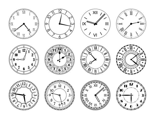 ilustrações de stock, clip art, desenhos animados e ícones de vintage clock face. antique classic round clocks with arabic and roman numerals, retro watch face with hour and minute arrow. time symbol isolated vector set - clock clock hand antique clock face