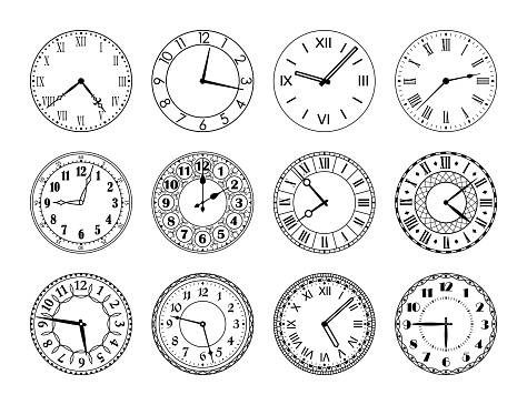 Vintage clock face. Antique classic round clocks with arabic and roman numerals, retro watch face with hour and minute arrow. Time symbol isolated vector set. Interior object showing time