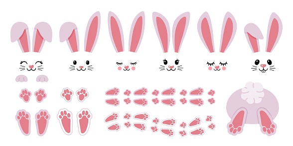 Cartoon bunny elements. Cute bunny footprint trail, paws, ears and faces. Funny bunnies head and muzzle. Decorative element for Easter. Printable stickers scrapbooking. Vector set. Animal character