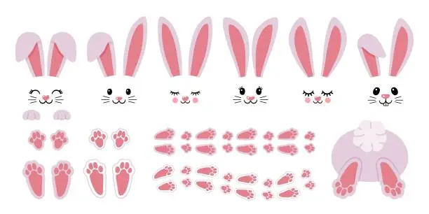 Vector illustration of Cartoon bunny elements. Cute bunny footprint trail, paws, ears and faces. Funny bunnies head and muzzle. Decorative element for Easter. Printable stickers scrapbooking. Vector set