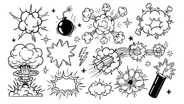 Vector illustration of Comic cartoon line bomb explosion. Doodle fight boom and bang effects, black pop drawn explosive elements, explose clouds, sketch shapes. Vector set