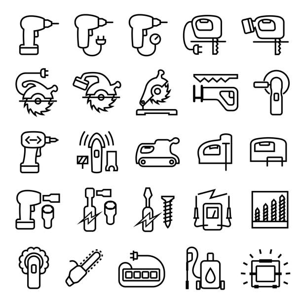 Power Tools Outline Icon Set Single color isolated icons of corded and cordless power tools gang socket stock illustrations