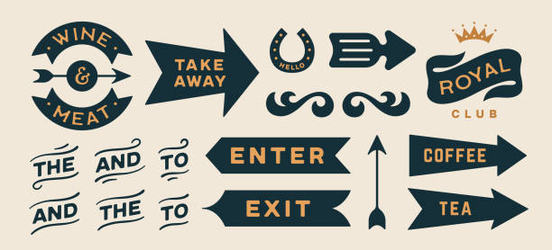 Arrow set collection, symbols, graphic Arrow set. Collection vintage sign, arrow, symbol and graphic element. Design arrow, direction sign, icon for decorative design. Hand-drawn graphics with text, vintage graphic. Vector Illustration frame outline silhouette stock illustrations