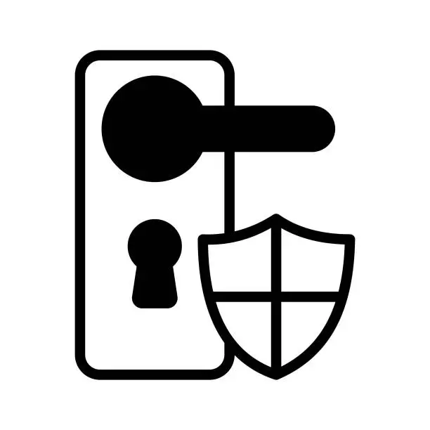 Vector illustration of Door handle icon with shield. Locked door security icon