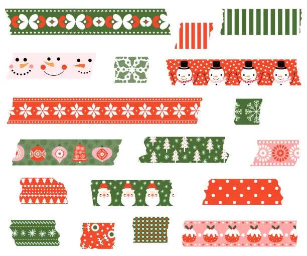 Vector illustration of Vector set with Christmas torn stripes of adhesive paper tape in green and red colors for scrapbooking and holiday decor