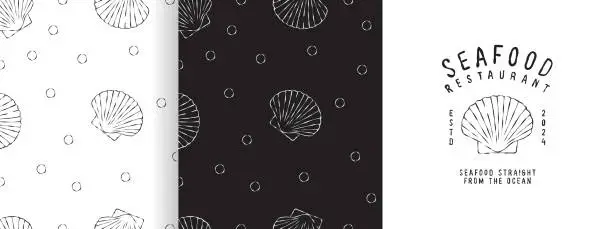 Vector illustration of Shells patterns. Seafood sketch. Scallop white and black pattern. Vector scalable graphics