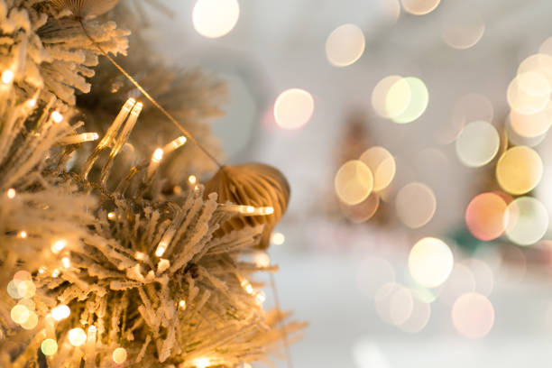 Christmas tree branches with decorations, balls, garlands, bokeh. Postcard with space for text.