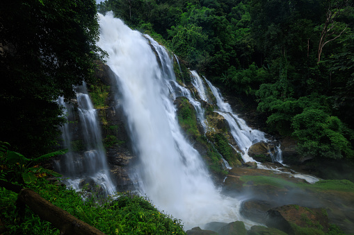 Wachira Tan Waterfall and green forest in the rain season at Doi Inthanon National Park, Chiang Mai, Thailand.
