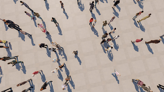 3D rendering, aerial view of a moving crowd