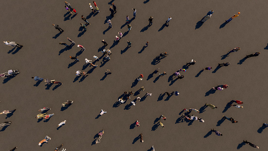 3D rendering, aerial view of a moving crowd