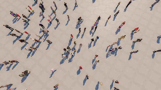 3D rendering, aerial view of a moving crowd