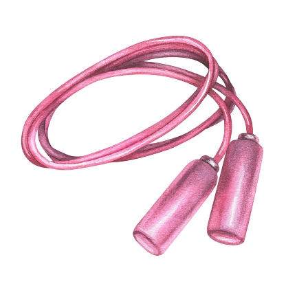 Pink jump rope. Cardio equipment for the gym. Watercolor illustration. Hand drawn Isolated on a white background clipart. Folded skipping rope for sports, fitness, aerobic workout, jumping.
