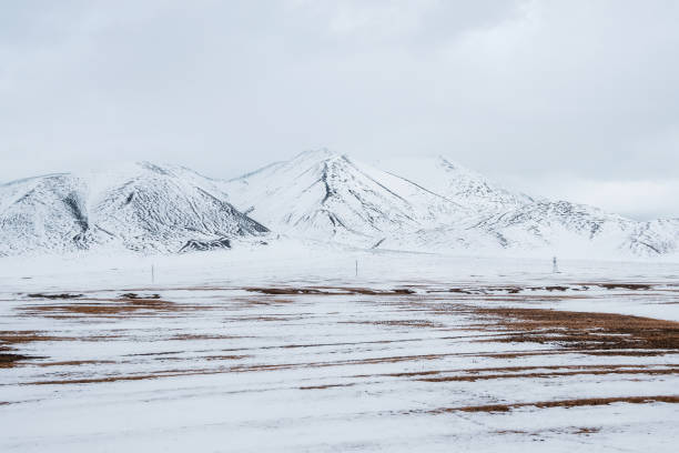 snow mountain in Tibet, China, with power transmission towers in the wild valley.