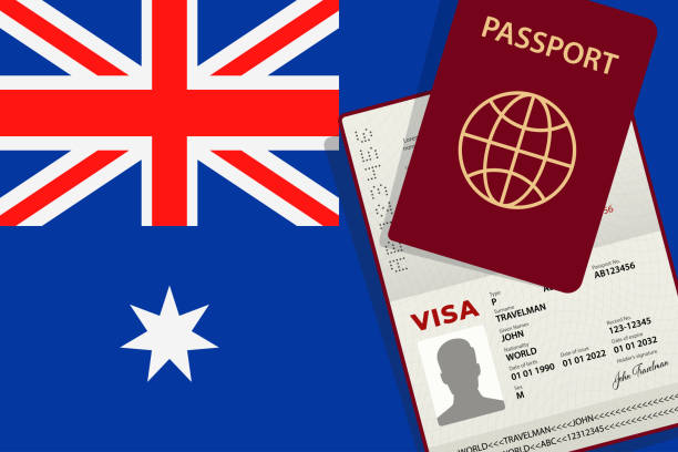 ilustrações de stock, clip art, desenhos animados e ícones de visa and passport to australia. australian flag background. vector illustration - emigration and immigration global communications passport australia