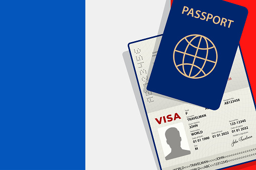 Visa to France and Passport. French Flag Background. Vector