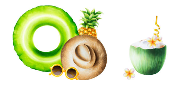 illustrations, cliparts, dessins animés et icônes de composition de plage tropicale aquarelle avec chapeau, lunettes de soleil, ananas, flotteur de piscine et noix de coco verte avec illlustrations de tube d’or. fruits tropicaux isolés sur fond blanc. pour les designers, décoration de spa, cartes postale - party hat drink cocktail illustration and painting