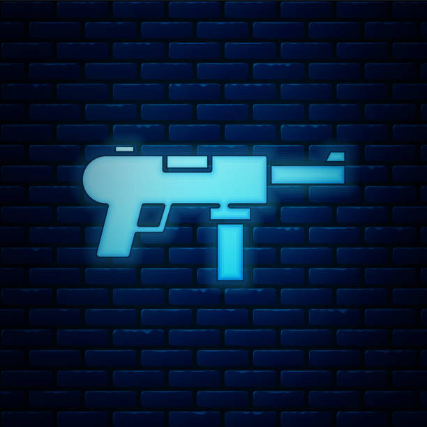 ilustrações de stock, clip art, desenhos animados e ícones de glowing neon submachine gun m3, grease gun icon isolated on brick wall background. vector - police crime gun gang member