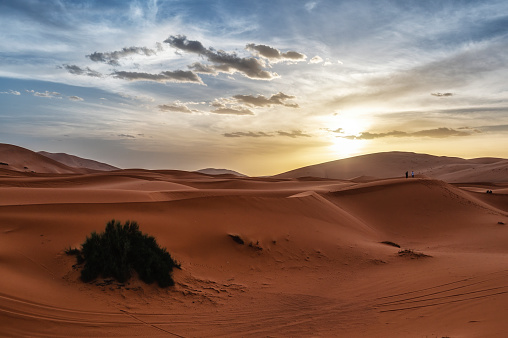 Strong wind shaping dry arid desert landscape scene with untouched majestic sand dunes and blue sky in Western Australia