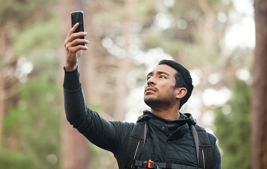 Phone, connection and man in nature for hiking, trekking and exercise in woods. Fitness, travel and person on smartphone lost with no signal for GPS, online location and digital map on adventure