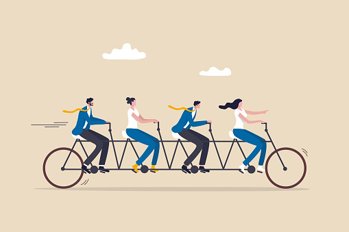 Teamwork working together for success, togetherness or cooperation, collaboration or support other to win together concept, business people employees on tandem bicycle forward metaphor of teamwork.