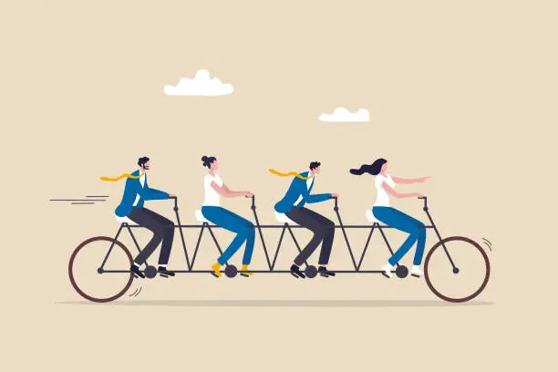 Vector illustration of Teamwork working together for success, togetherness or cooperation, collaboration or support other to win together concept, business people employees on tandem bicycle forward metaphor of teamwork.