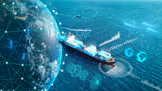 AI Cargo ship technology. Global Logistics international delivery concept, World map logistics and supply chain network distribution container Ship running for export import to customs ocean