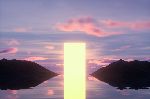 Illuminated door on water. Decisions, choices, conceptual futuristic abstract background. Digitally generated image.