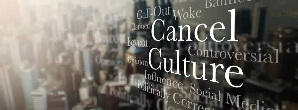 Photo of Cancel culture, words in city and social media opinion, silence freedom of speech and message. Text, censorship and mockup with overlay, call out or banner internet for online bullying in society