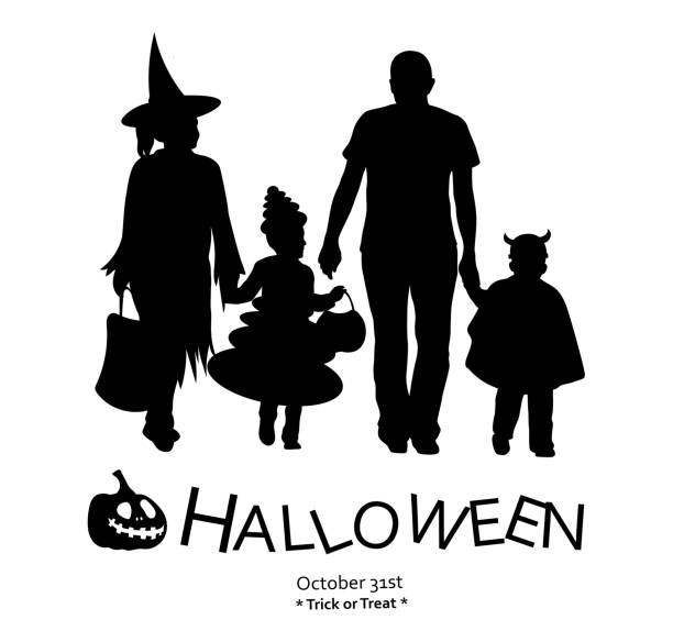 plakat z kostiumami na halloween - father alien child characters stock illustrations