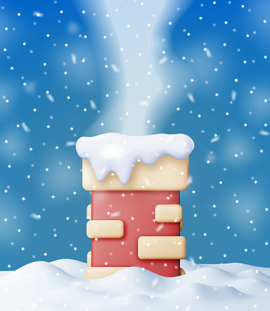 3D Christmas Brick Chimney Pipe on Snow Roof. Render Pipe House Part in Winter Landscape. Cartoon Roof Chimney Heating Method Construction. New Year and Xmas Decoration. Realistic Vector Illustration