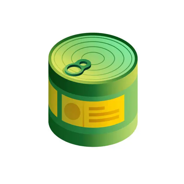 Vector illustration of Vector Illustration of Canned Food Isometric Icon and Three Dimensional Design. Camp, Caravan, Camping Tent, Hiking, Adventure, Travel, Outdoor, Forest, Tree, Mountain, Picnic, Nature.