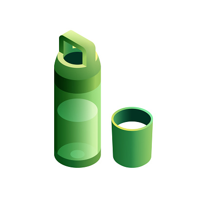 Vector Illustration of Water Thermos Bottle Isometric Icon and Three Dimensional Design. Camp, Caravan, Camping Tent, Hiking, Adventure, Travel, Outdoor, Forest, Tree, Mountain, Picnic, Nature.