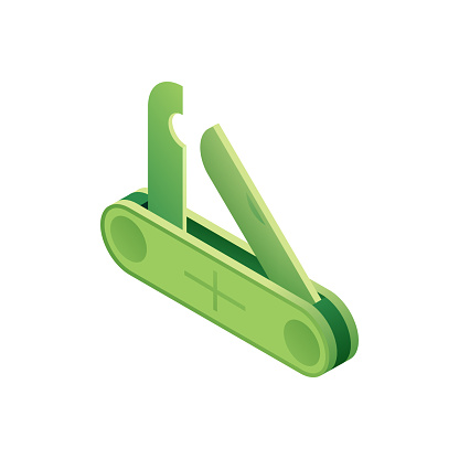 Vector Illustration of Penknife Isometric Icon and Three Dimensional Design. Camp, Caravan, Camping Tent, Hiking, Adventure, Travel, Outdoor, Forest, Tree, Mountain, Picnic, Nature.