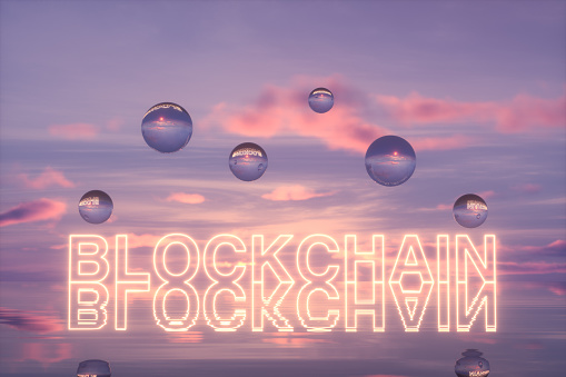 Blockchain, Surreal landscape for innovation and technology, conceptual futuristic abstract background. Digitally generated image.