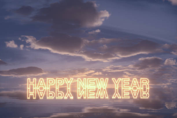 istock Happy new year neon light text on sea 1725929094