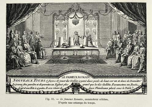 Vintage illustration La fameux Romain, 18th Century Magician performing magic tricks in front of an audience, History