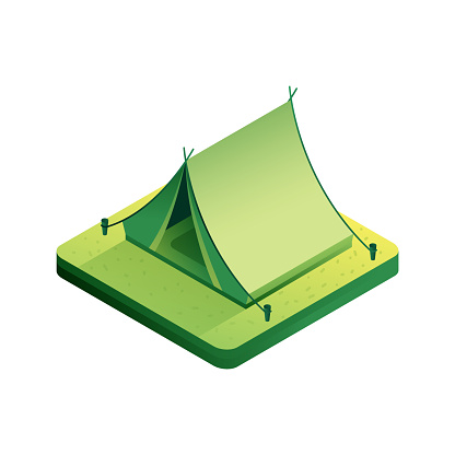 Vector Illustration of Camping Tent Isometric Icon and Three Dimensional Design. Camp, Caravan, Hiking, Adventure, Travel, Outdoor, Forest, Tree, Mountain, Picnic, Nature.