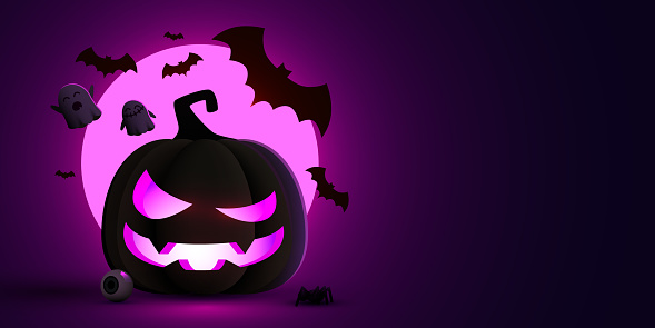 Halloween night background with pumpkin, bats and ghosts. Vector illustration