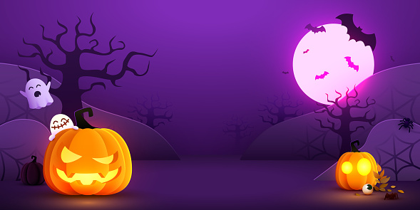 Halloween night background with pumpkins, trees, bats and ghosts. Vector illustration