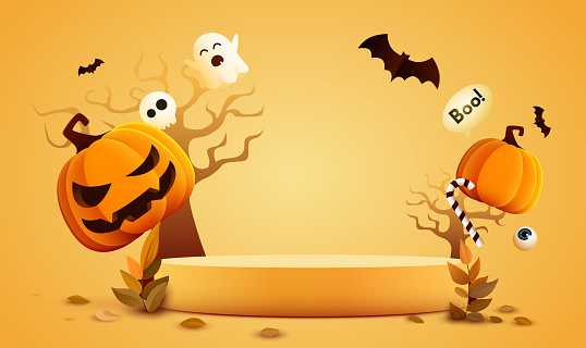 Halloween orange product display podium with pumpkins, bats and ghosts. Vector illustration