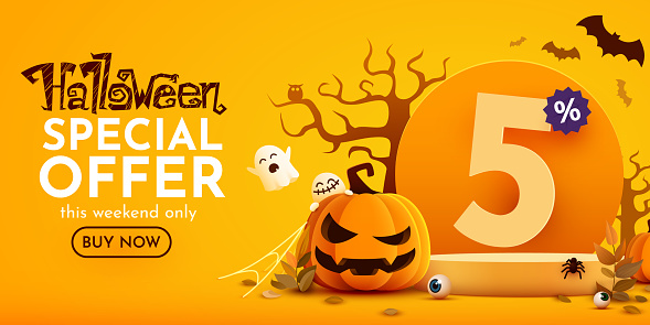 5 percents off. Halloween sale banner template. Podium and numbers with amount of discount. Special October offer. Vector illustration.