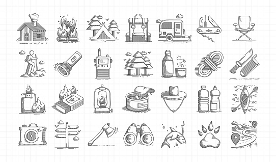 Camping and Outdoor Activity Hand Drawn Sketch and Vector Doodle Line Icon Set. Camp, Caravan, Camping Tent, Hiking, Adventure, Travel, Outdoor, Forest, Tree, Mountain, Picnic, Nature.