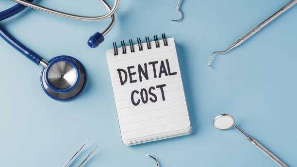 istock Dental treatment cost concept with dentist instruments on blue background 1725951637