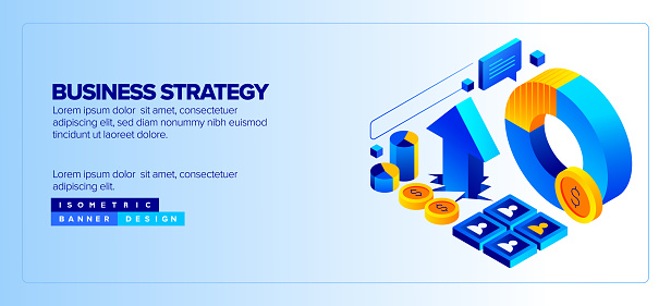 Vector Illustration of Business Strategy Isometric Icon and Three Dimensional Banner Design. Businessman, Businesswoman, Flowchart, Statistics, Solution, Planning.