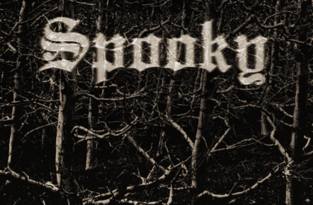 Gothic black letter text spells out the word Spooky amid a ghostly forest of bare trees.